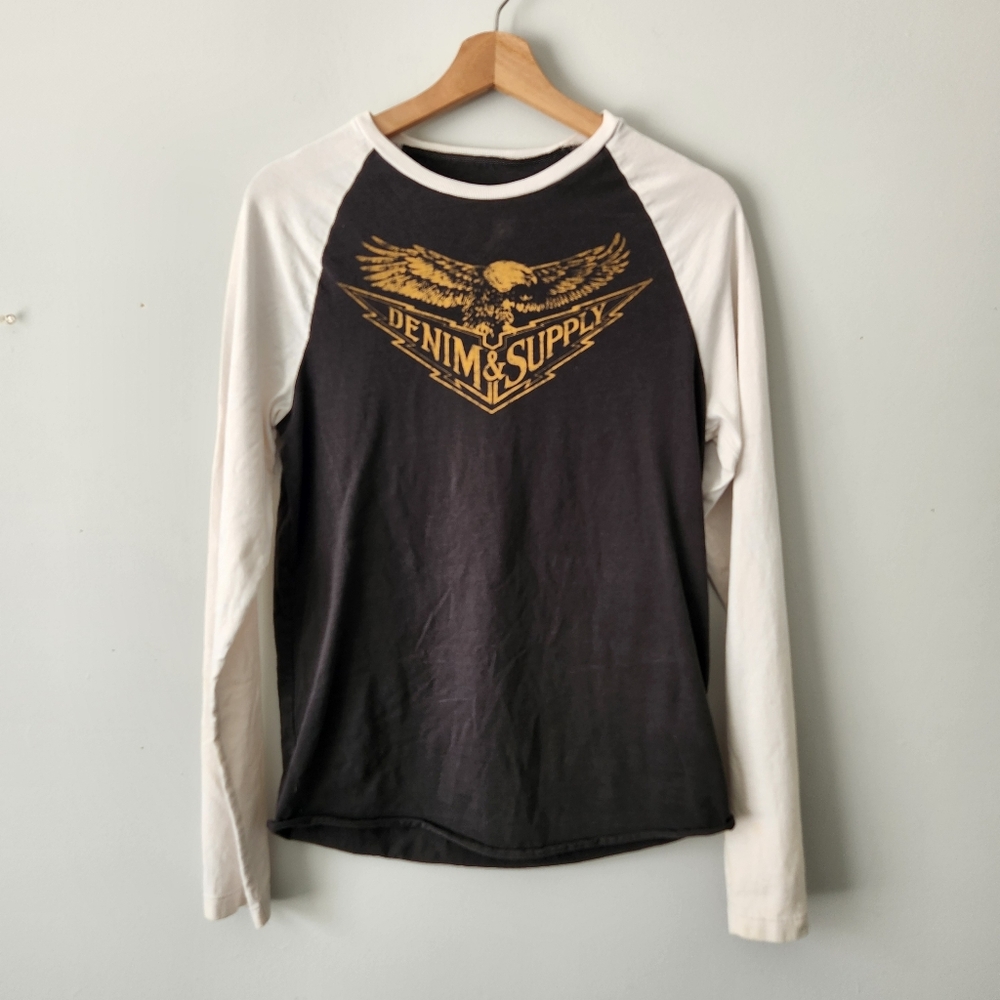 Ralph Lauren Denim & Supply Gray Sz S Eagle Graphic Raglan Tee Y2K Biker Grunge - Picture 2 of 9